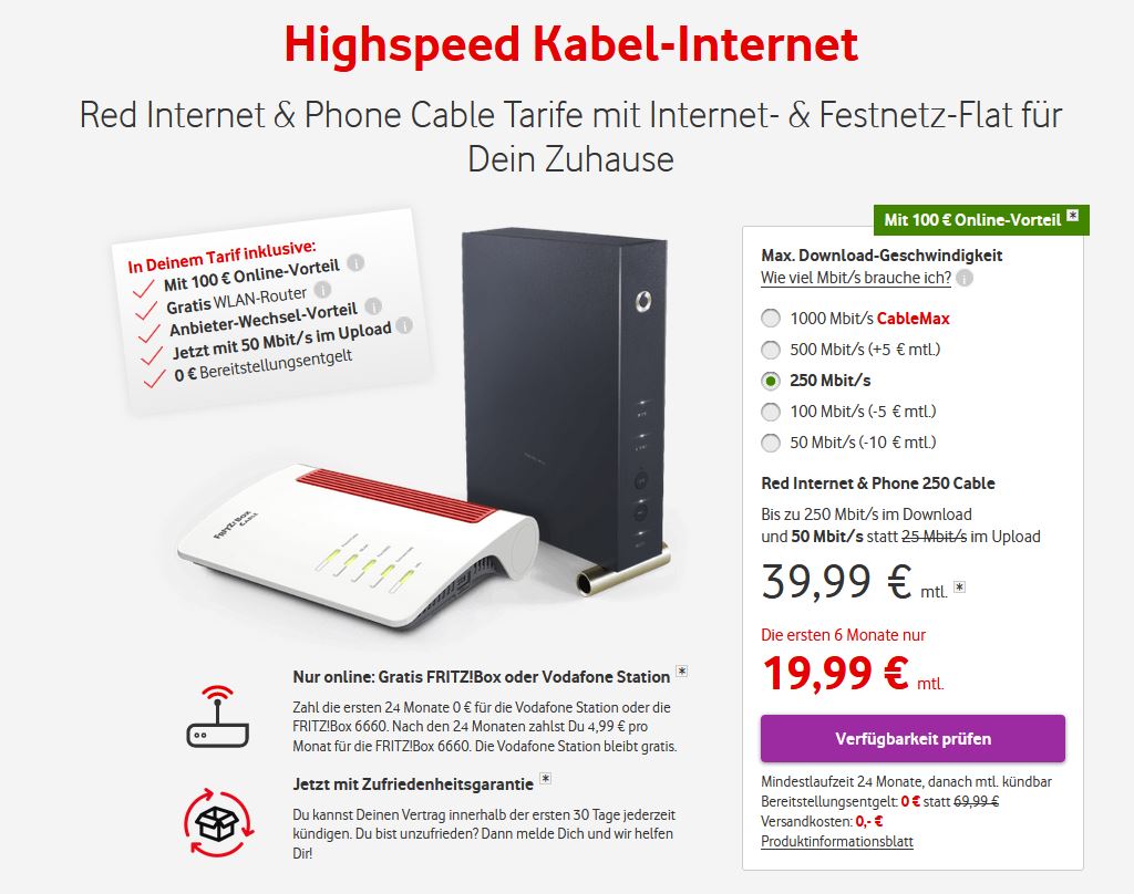Vodafone Red Internet & Phone 250 Cable